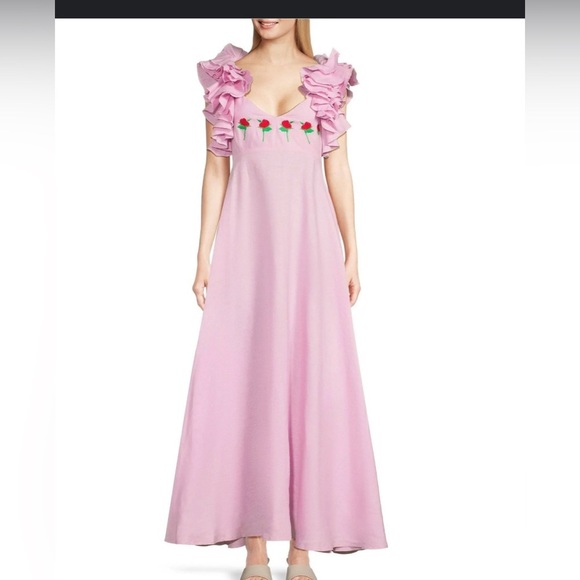NWOT Fanm Mon Aster Pink Demre Linen Embroidered Maxi Dress Ruffle Sleeve SIZE S - Picture 1 of 9